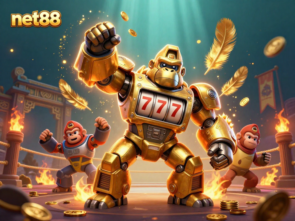 Experience thrilling gameplay with net88 featuring a golden gorilla mech surrounded by casino elements.