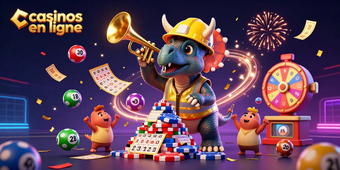 Jouer à des casinos en ligne avec des triceratops construisant des jetons de poker dans une scène festive.