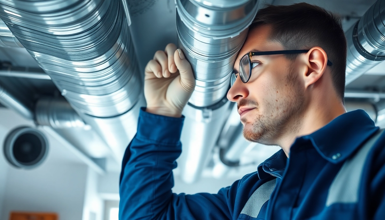 Inspecting havc duct leakage with an HVAC technician in a well-lit home