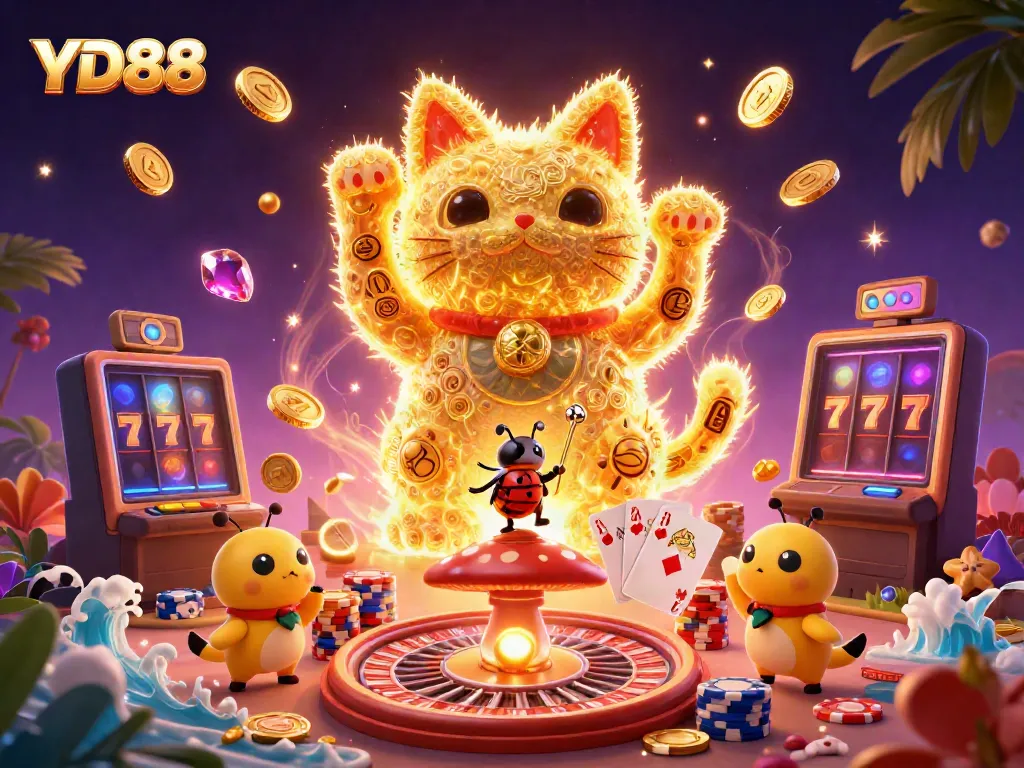 Engage with YD88's thrilling casino atmosphere featuring vibrant gaming elements and golden lucky symbols.