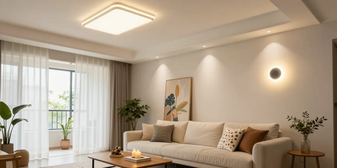 Aplice tavan moderne în iluminatul unui living elegant, evidențiind confortul și stilul.