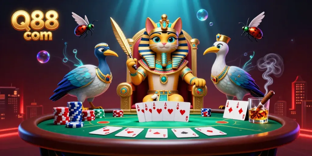 Experience vibrant gameplay with Q88 com featuring a cartoon pharaoh cat at a poker table amid colorful chips and glowing effects.