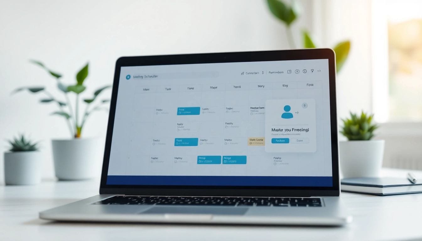 Using a never miss a meeting scheduling tool depicted in a professional workspace.