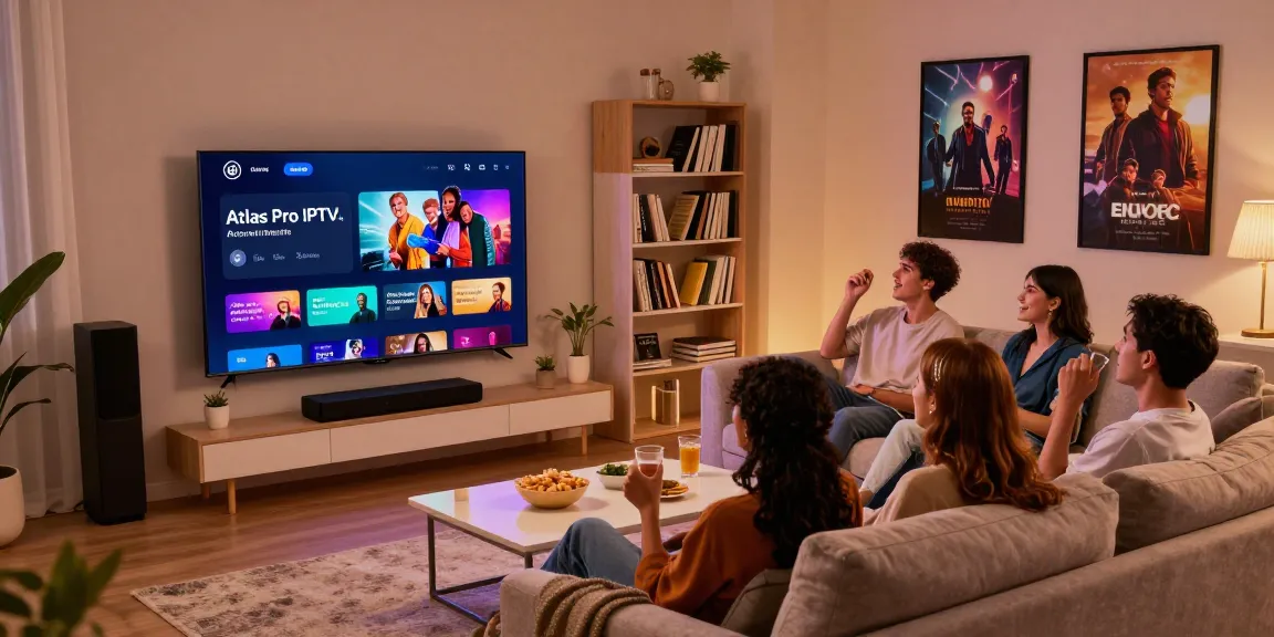 Enjoy streaming with Atlas Pro IPTV in a cozy living room surrounded by friends and snacks.