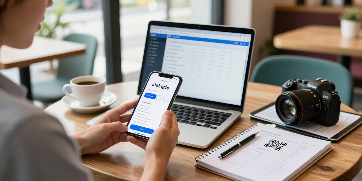 Engaging scene showcasing a person using slot qris on a smartphone for seamless digital payments in a vibrant café setting.