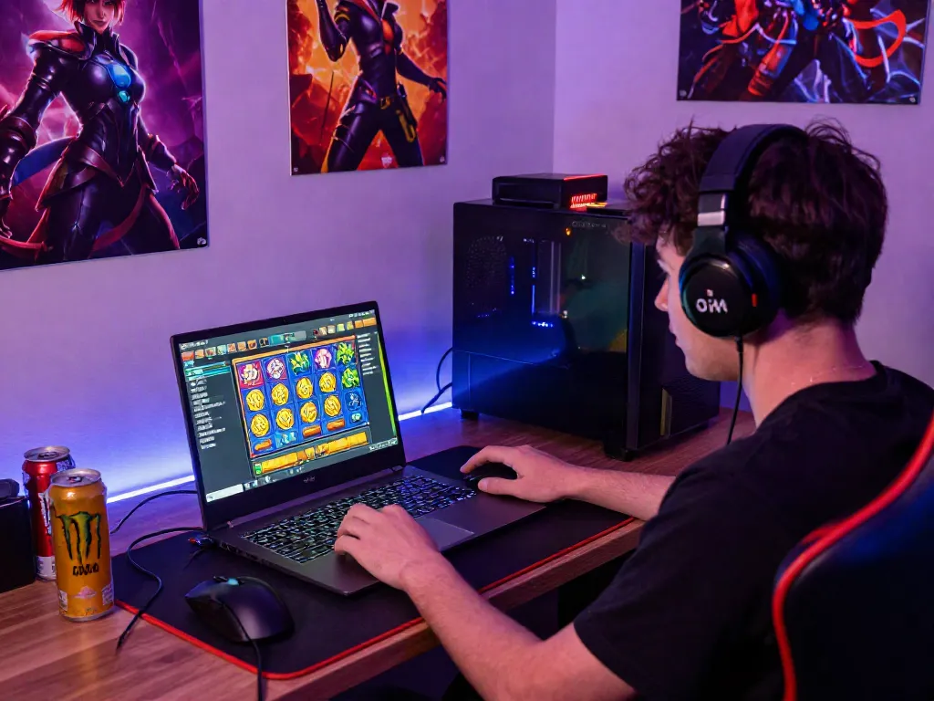 Player enjoying Slot MAHJONGJP88 on a laptop in a vibrant gaming setup.