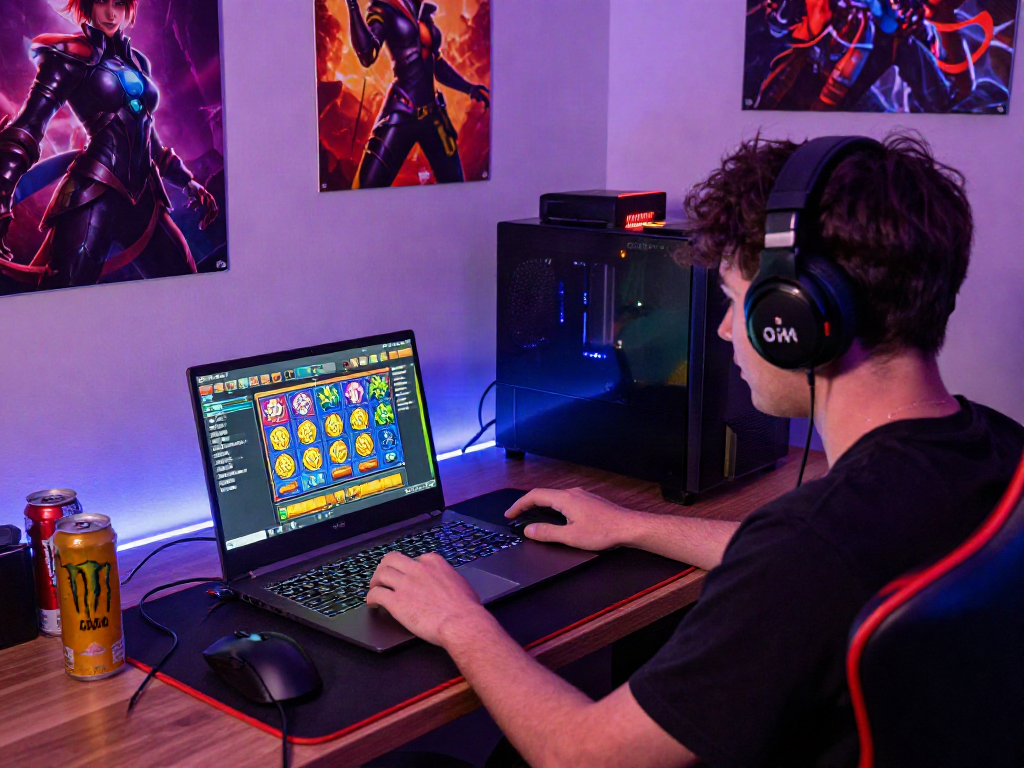 Player enjoying Slot MAHJONGJP88 on a laptop in a vibrant gaming setup.