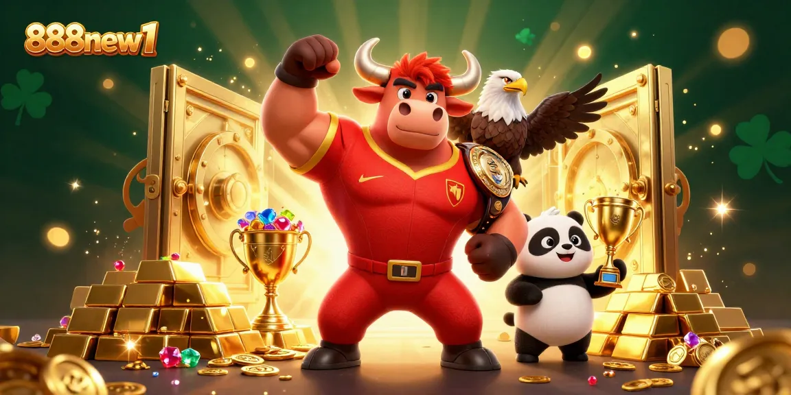 Engage with the thrilling world of 888new1, showcasing a victorious bull, eagle, and panda amidst a treasure-laden casino scene.