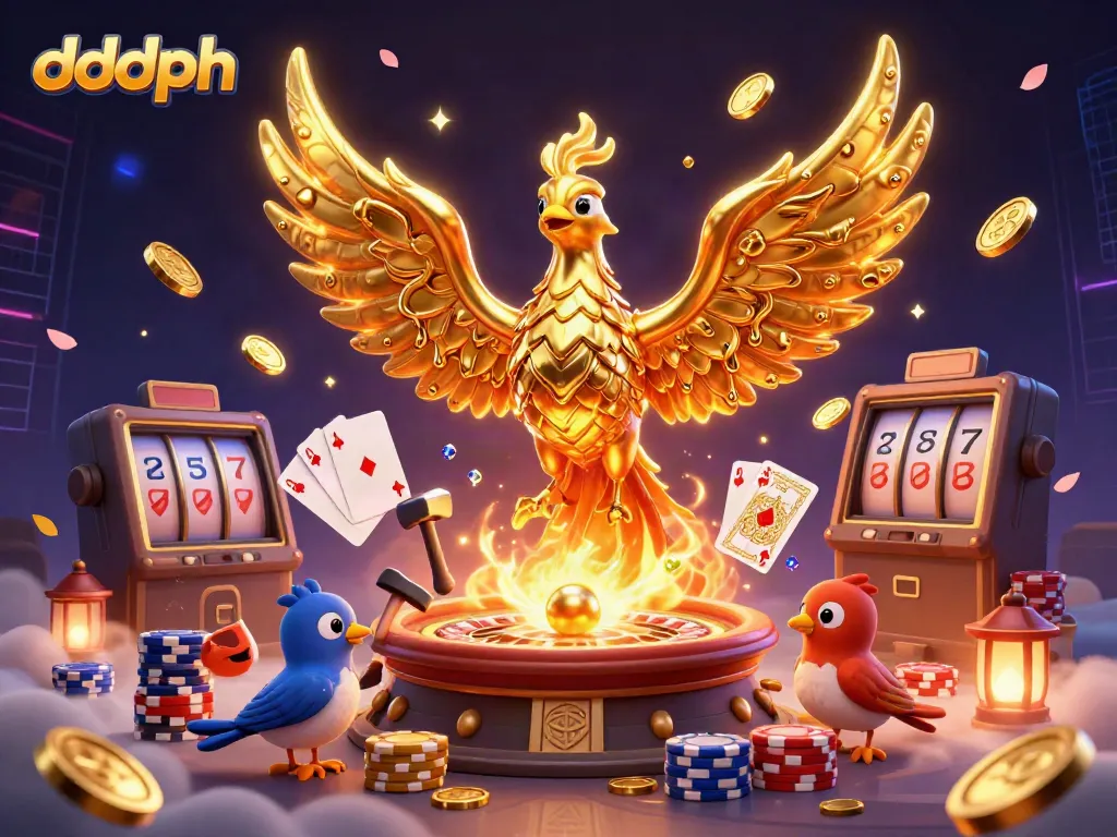 Experience dddph's thrilling 3D depiction of a molten gold phoenix surrounded by casino excitement.