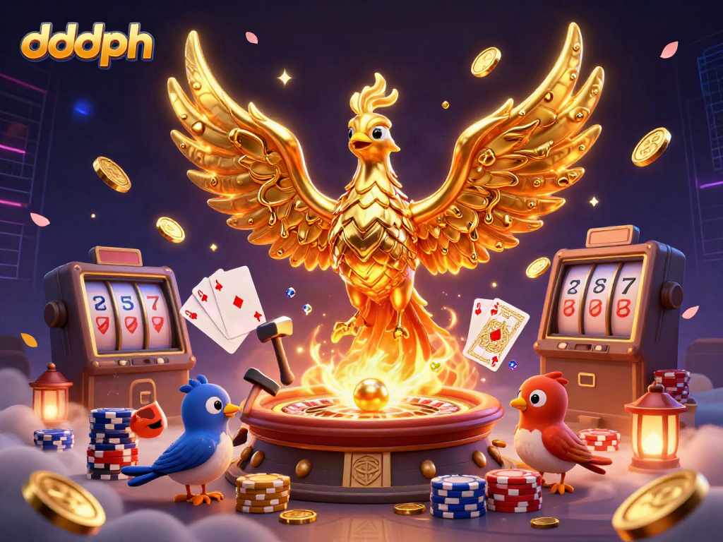 Experience dddph's thrilling 3D depiction of a molten gold phoenix surrounded by casino excitement.