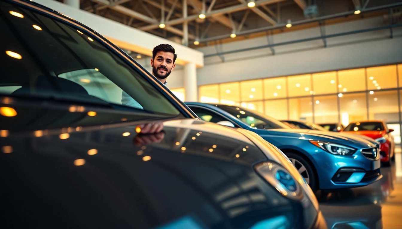Buy New Car - A professional exploring a bright, modern car dealership with a sleek vehicle.