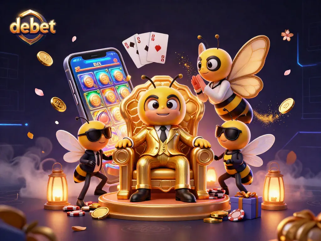 Experience thrilling gameplay at Debet, featuring 3D cartoon characters amidst vibrant casino elements.