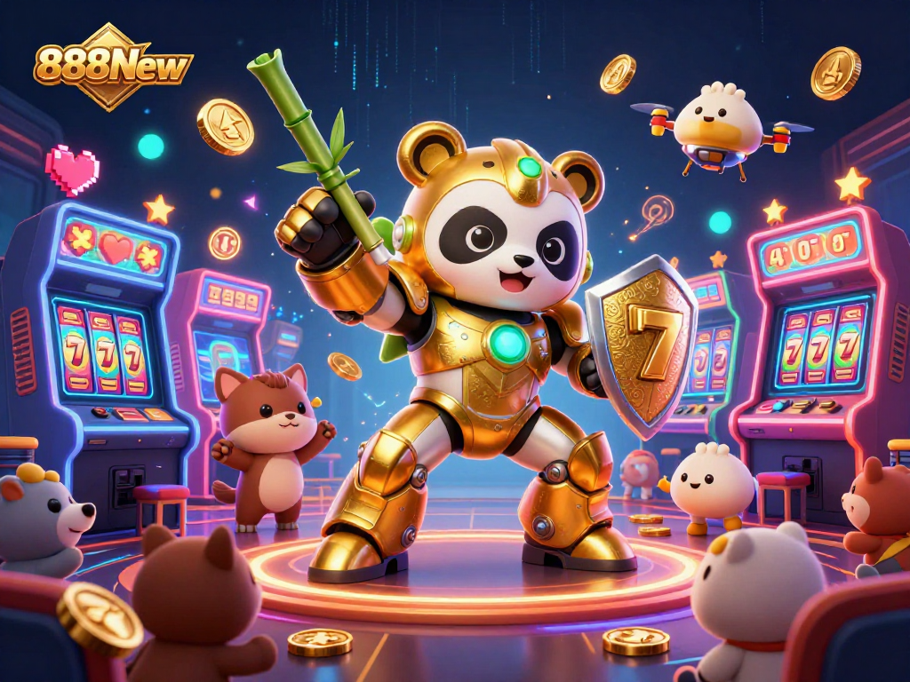 Engage with 888New's thrilling 3D casino experience featuring animated characters, game elements, and vibrant visuals.