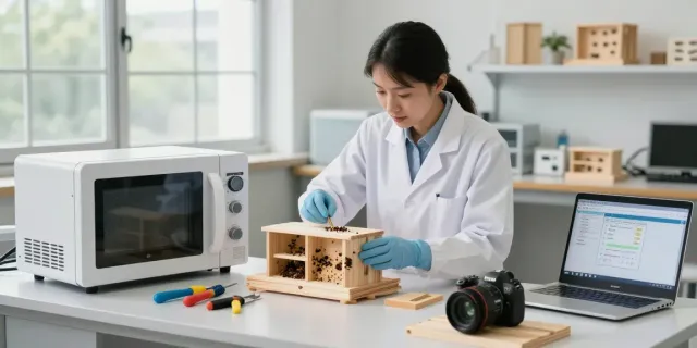 SHASHEL® microwave device in use for eco-friendly wood pest elimination in a modern workshop