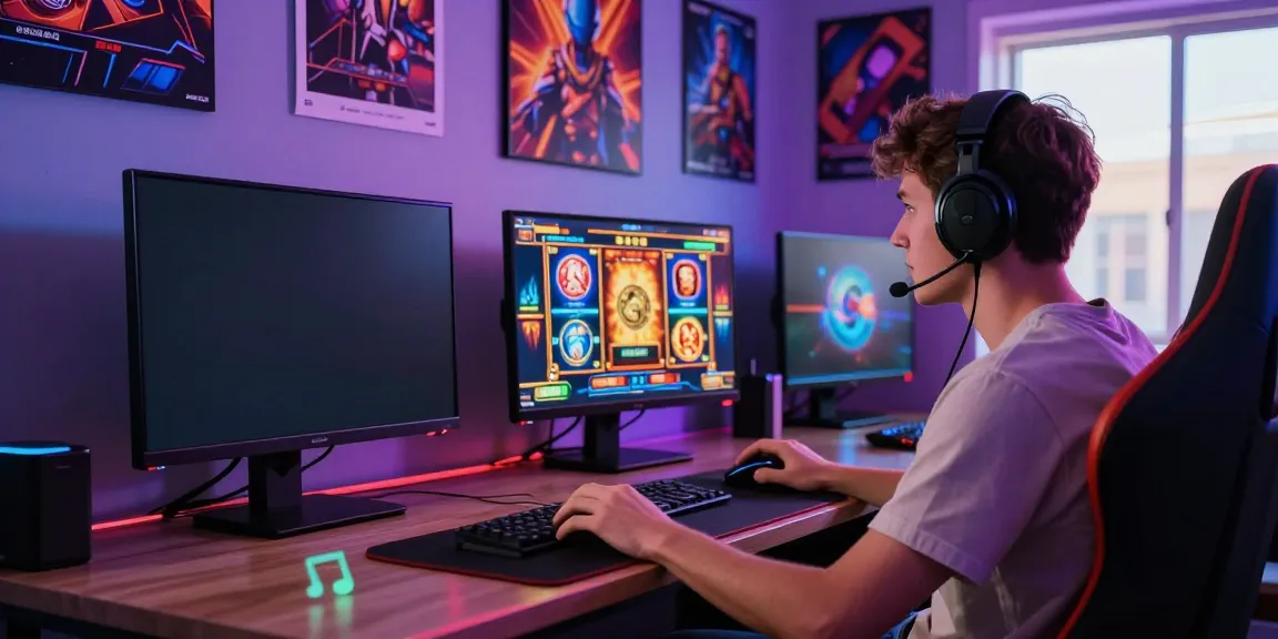 Engaged player testing out ทดลองสล็อต at a vibrant gaming setup with a bright LED backdrop.