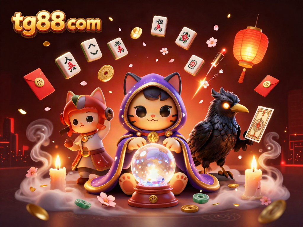 Engage with the mystical world of tg88 com as a fortune teller cat predicts your winnings amid vibrant casino elements.
