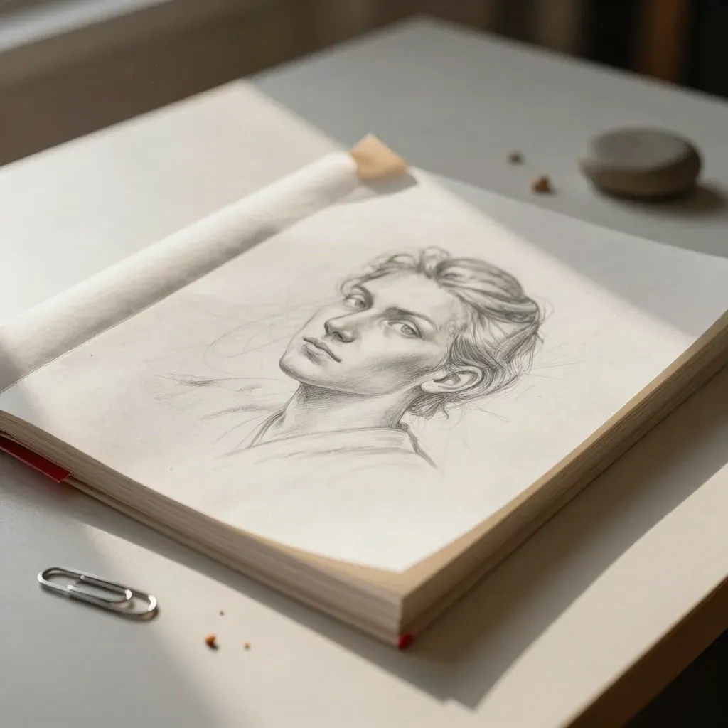Tracing paper curls over pencil roughs with eraser crumbs, clips and a stone paperweight.