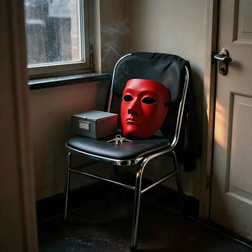 Crimson half-mask on a chrome chair in a dim hallway, lit by a cracked door.