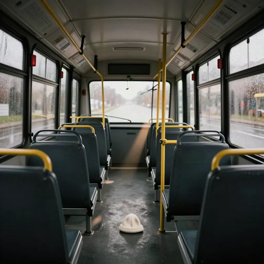 Empty night bus aisle with rain-streaked windows, swinging strap, and a dropped white knit cap.