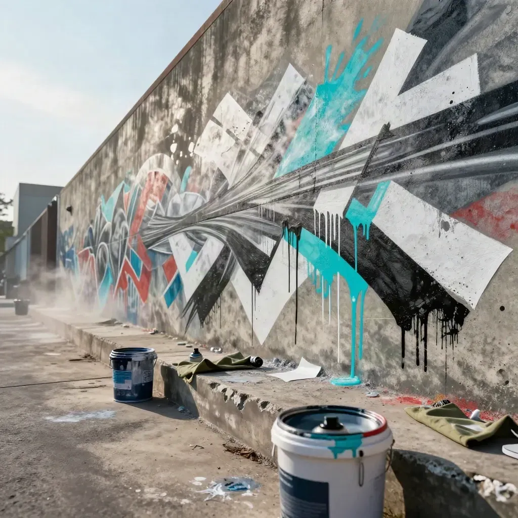 Low-angle mural in progress on a concrete wall, spray caps, buckets, tarp, cyan drips in wind.