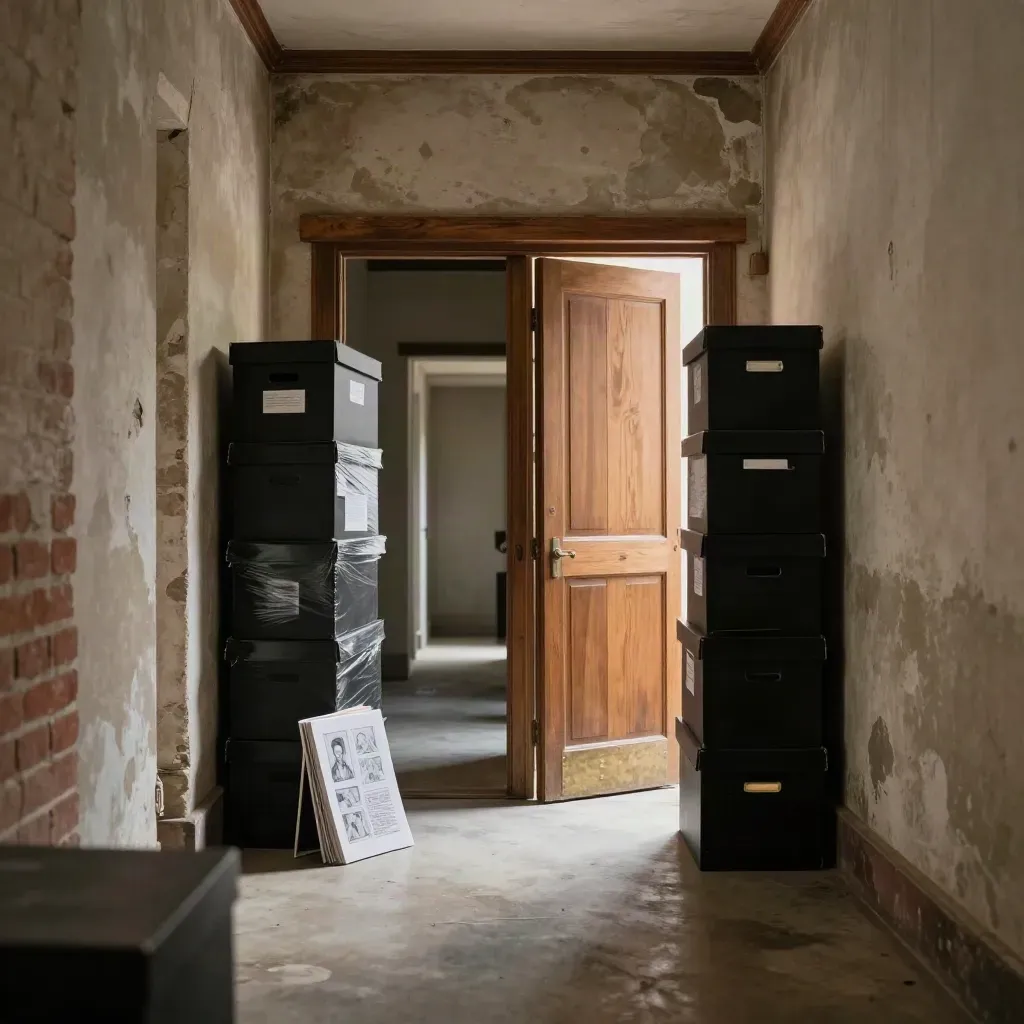 Forked corridor in an old comic archive, warm and cool light meeting at an open door.