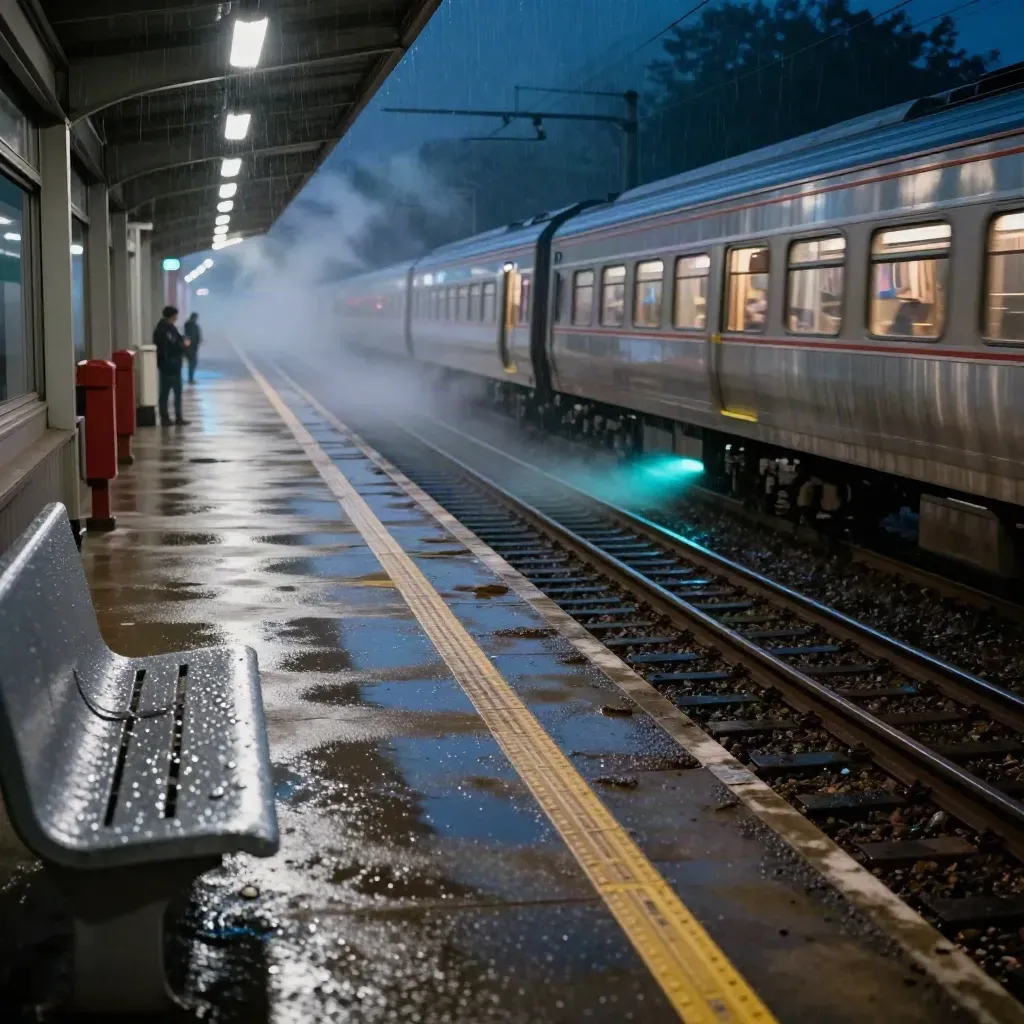 Midnight train platform with wet rails, a lone bench, and a departing carriage in cyan rain haze.