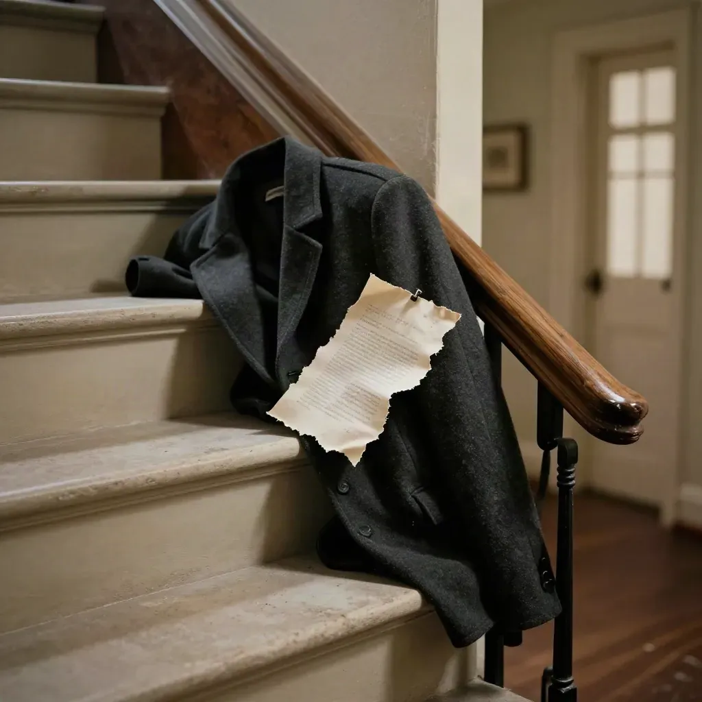 Ripped page under a stair rail beside pale steps and a folded coat, dust drifting in soft light.