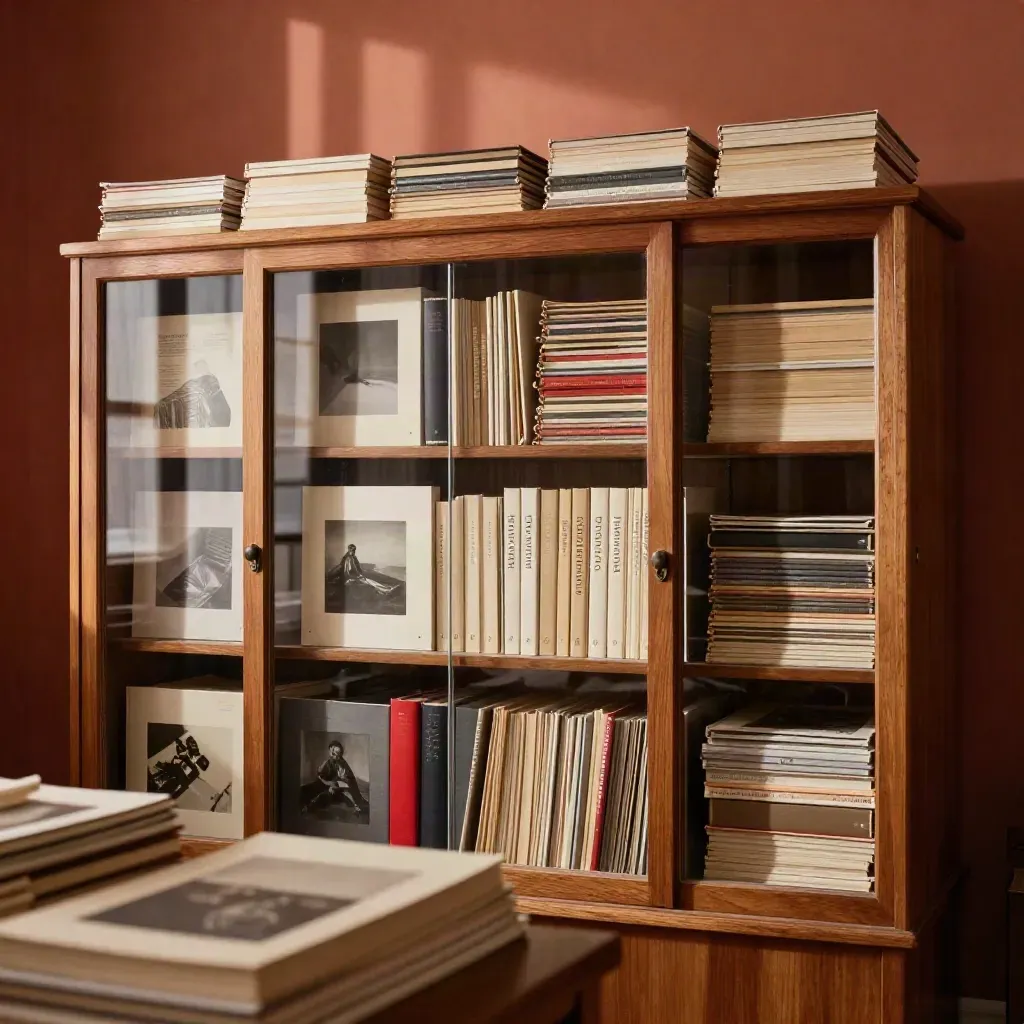Glass comic collector shelf with special editions, variant covers, and a door ajar