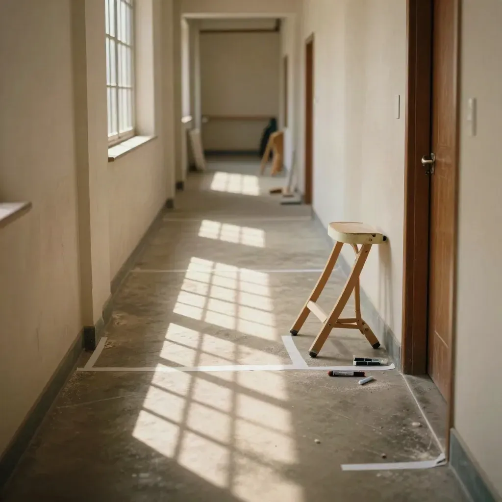 Rehearsal corridor with taped floor marks, toppled stool, and slatted shadows