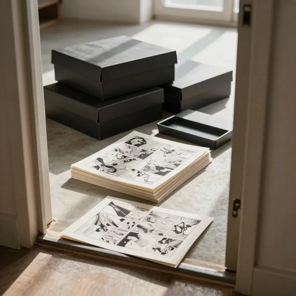 Studio threshold with portfolio boxes, finished comic pages, and an open submission packet in window haze.