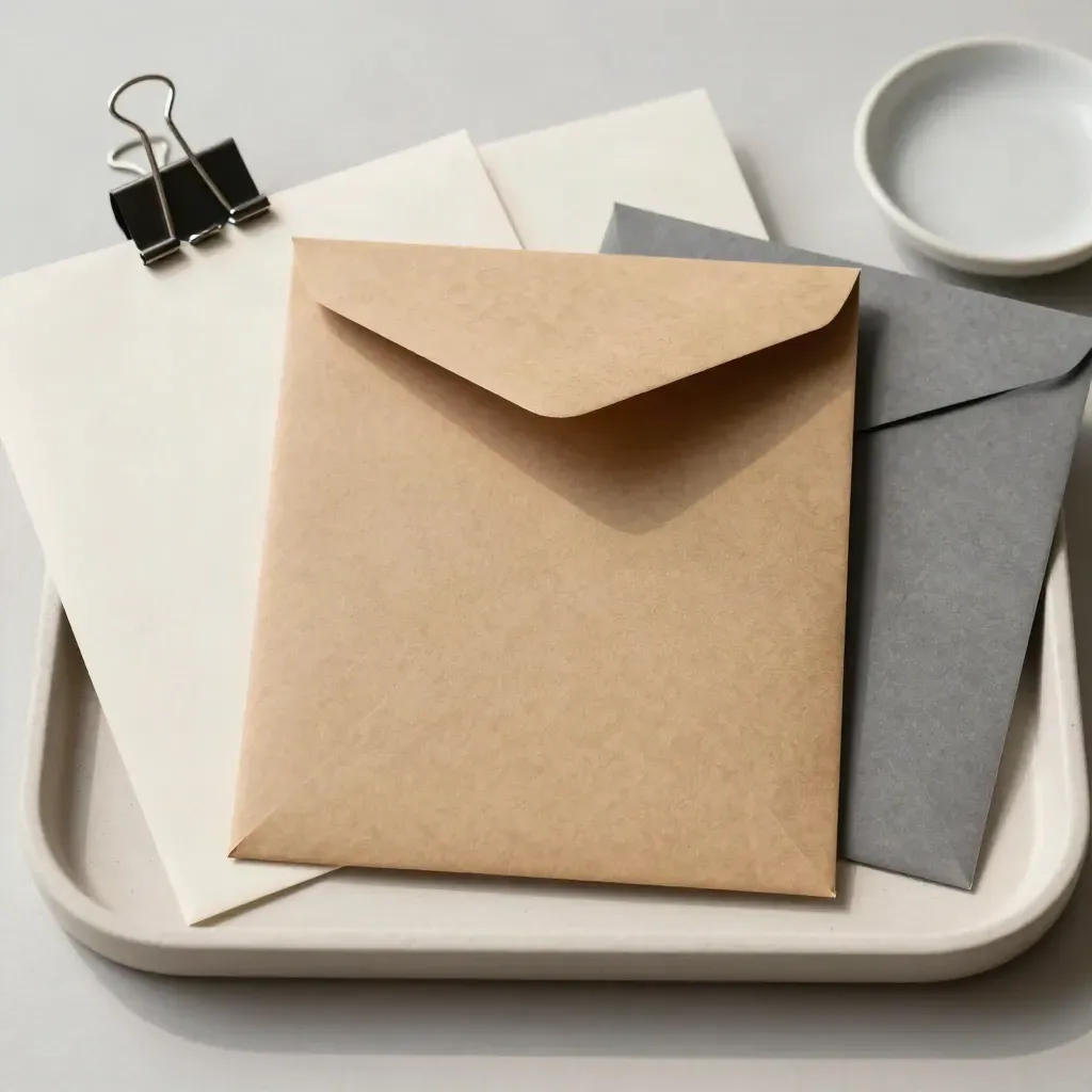 Craft mailer with sample pages, silver clip, and ceramic tray on plaster
