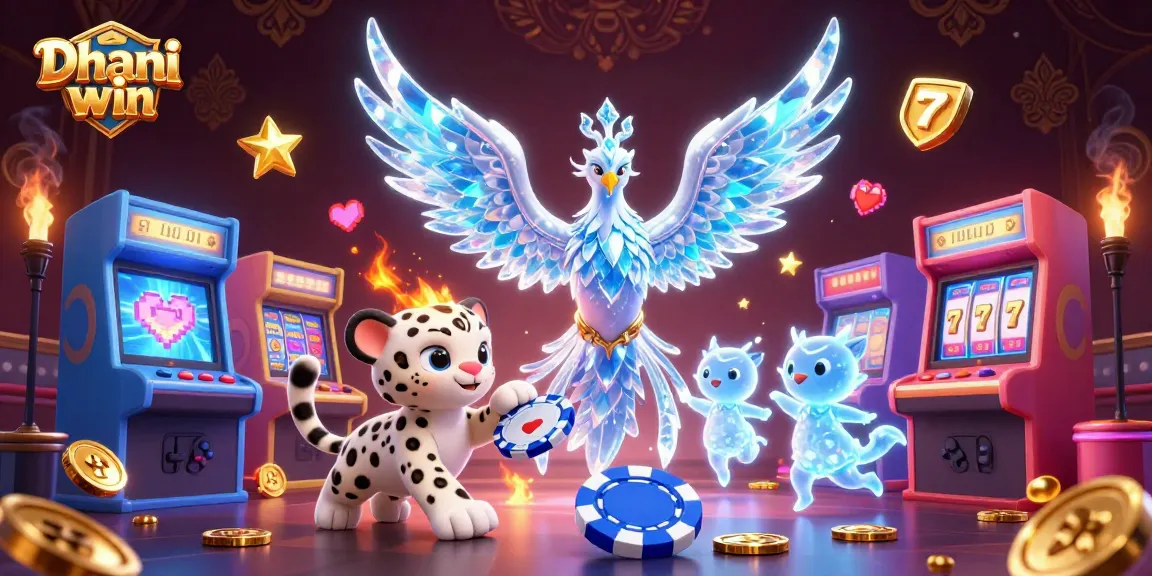 Dhani win showcases a vibrant 3D scene with a colorful ice phoenix and gaming elements.