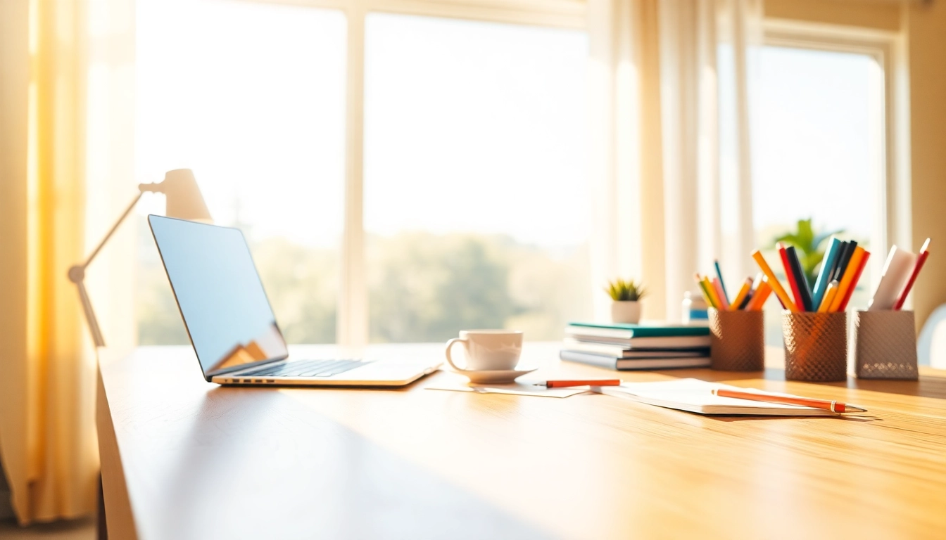 Seamlessly Organize Your Day with an inviting workspace featuring a desk, laptop, and coffee.