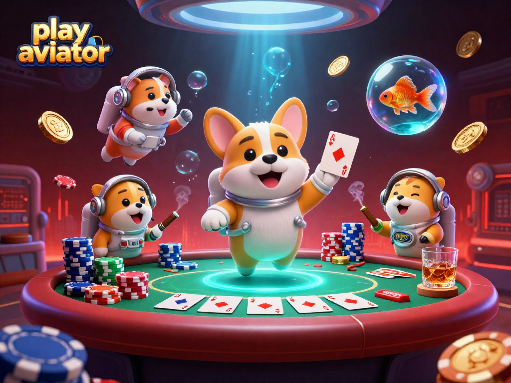 Play Aviator with excitement in this dynamic casino scene featuring floating characters and rich details.