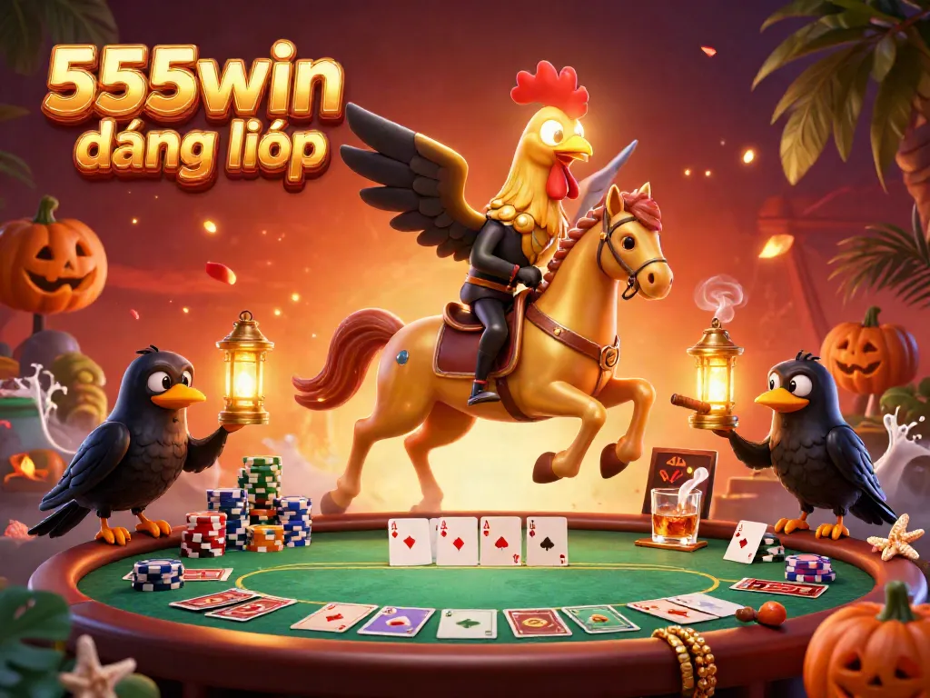 A vibrant 3D illustration showcasing a golden rooster headless horseman navigating a midnight casino scene, embodying 555win đăng nhập.