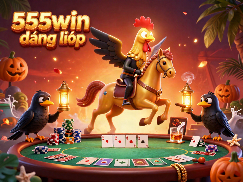 A vibrant 3D illustration showcasing a golden rooster headless horseman navigating a midnight casino scene, embodying 555win đăng nhập.