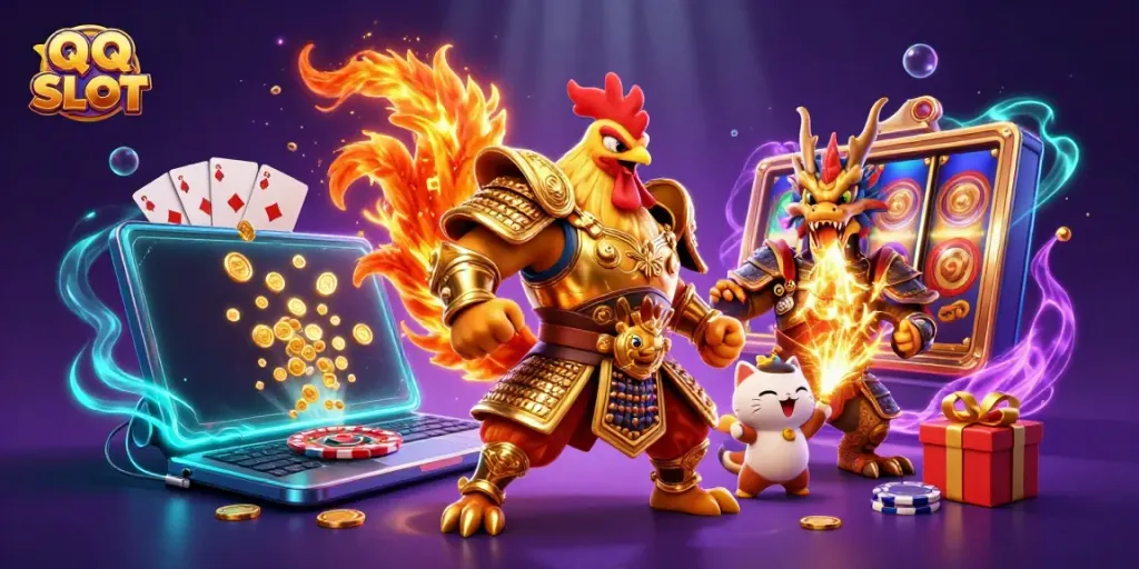 Experience the excitement of QQ SLOT with a dynamic 3D scene featuring vibrant gaming elements and colorful characters.