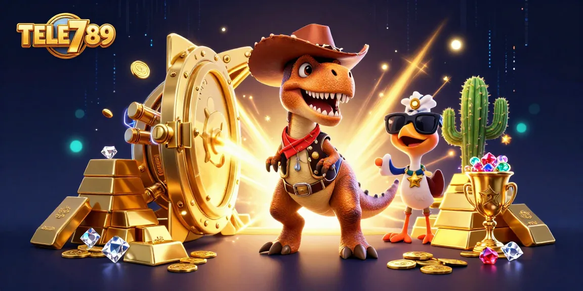 Experience thrilling gameplay at TELE789 with vibrant casino elements featuring a T-Rex and treasure.