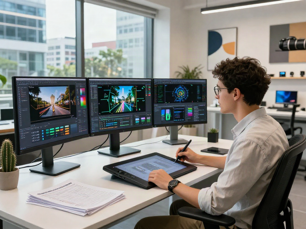 Data scientist analyzing AI-generated image detection algorithms in a modern workspace.
