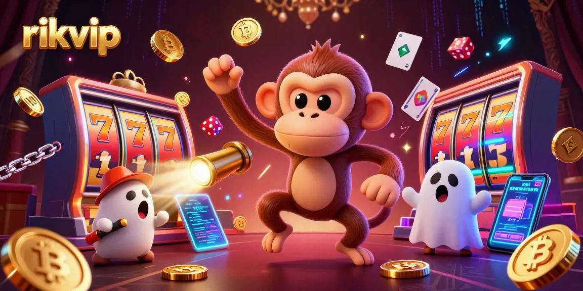 Engage with rikvip's winning spirit featuring a mischievous monkey and a brave puppy in a vibrant casino.