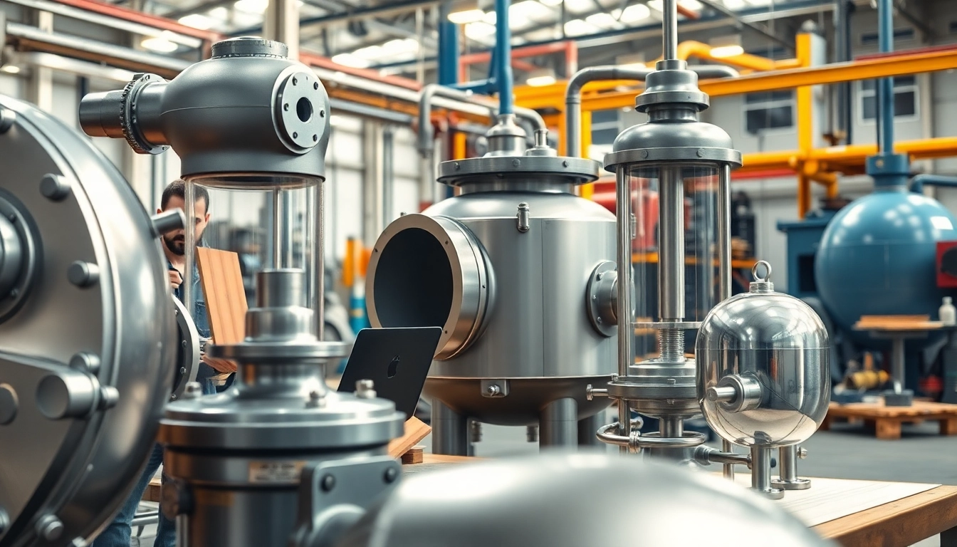 Illustrating pressure vessel design with engineers at work in a bright industrial setting.