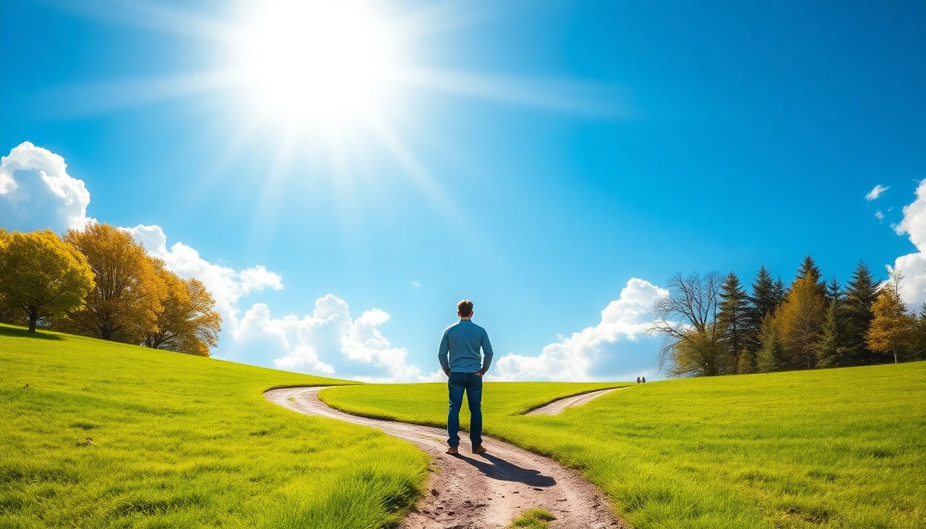 Symbolic journey at a crossroads to Find my true Calling with a person choosing between vibrant and dark paths.