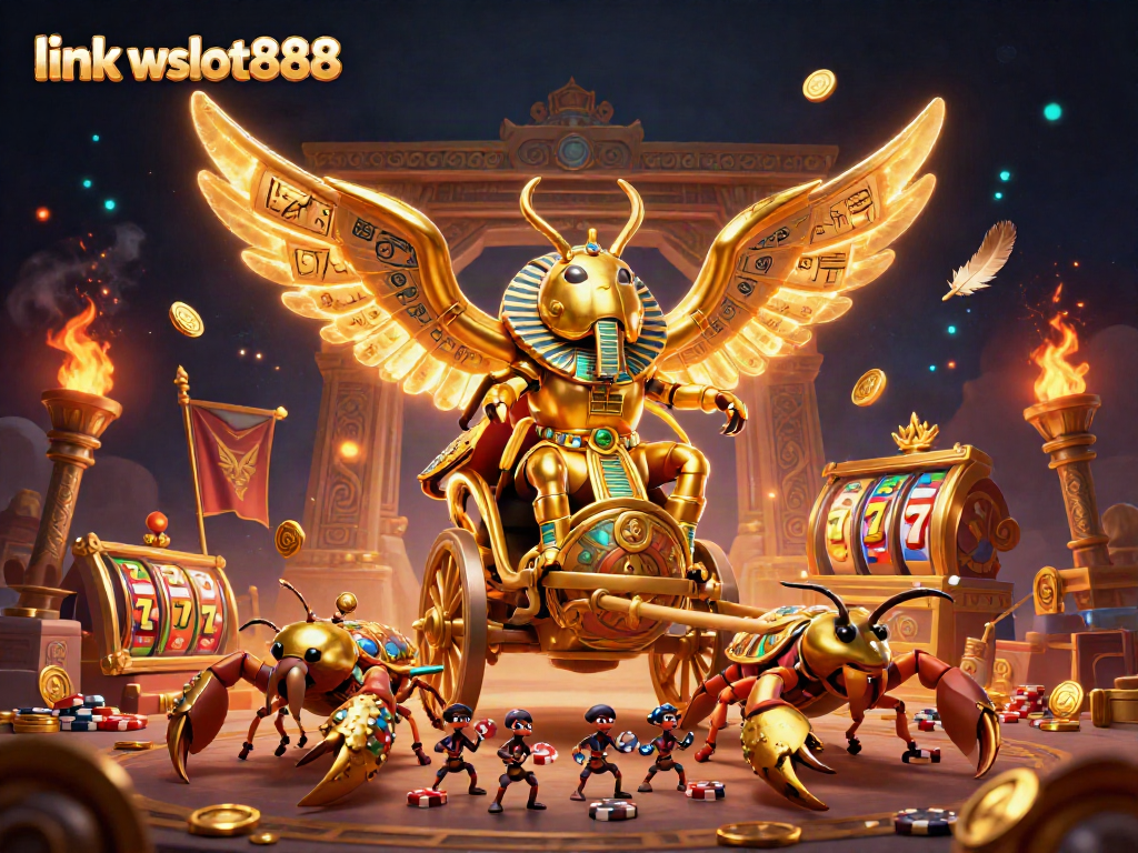 Menangkan slot dengan link wslot888 di kasino daring terbaru, menunjukkan scarab emas dan elemen slot.