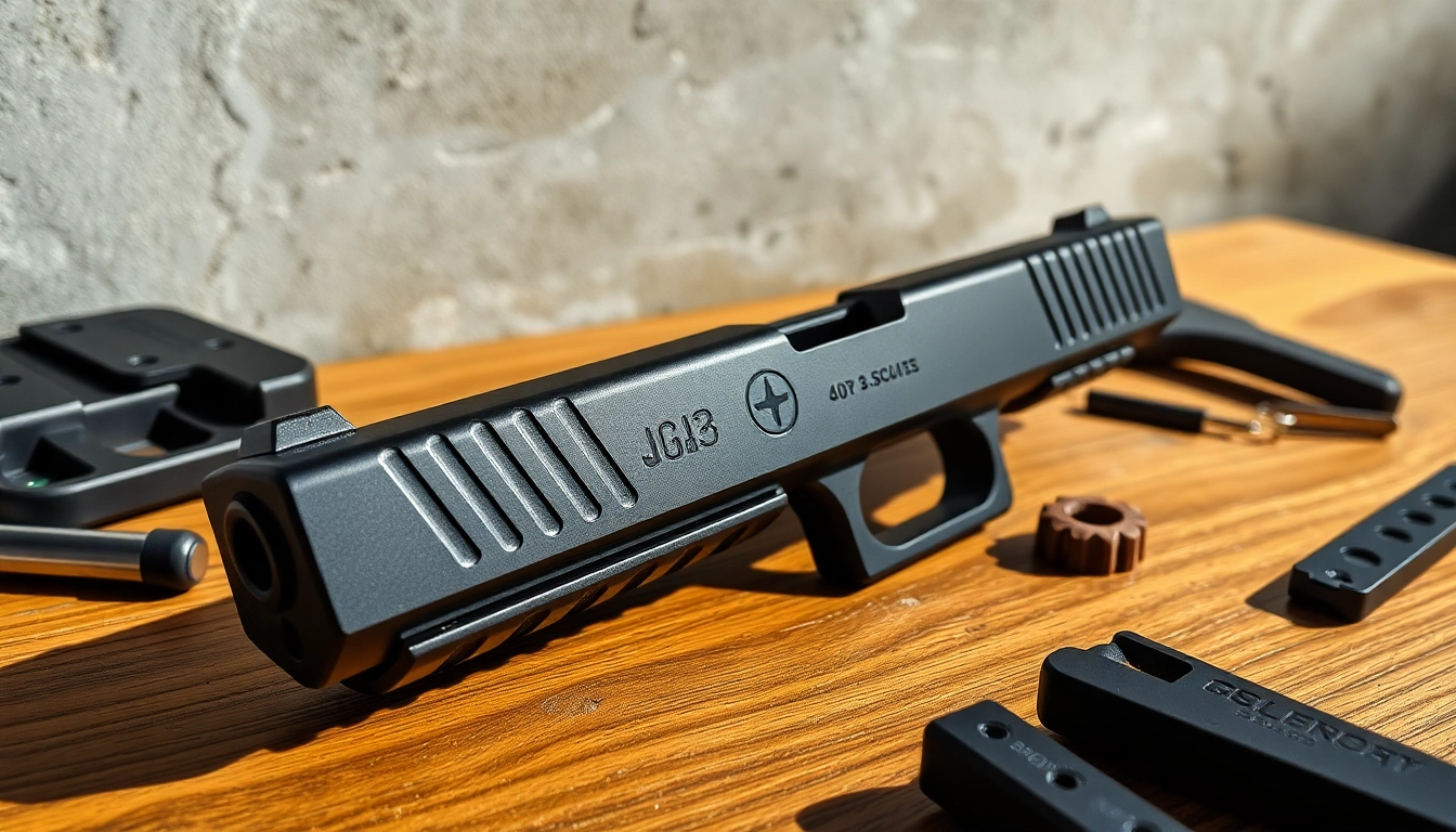 Showcase Glock 17 gen 5 slide with intricate details and sleek design on a textured surface.