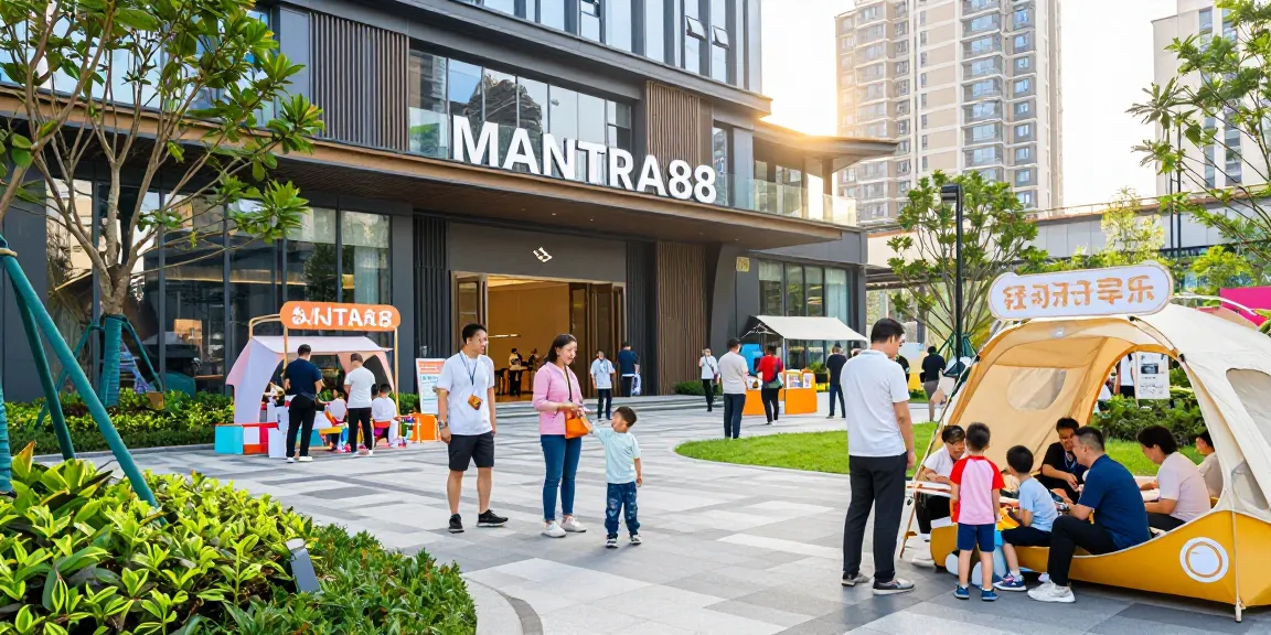 A bustling scene outside www.mgoldproperties.com MANTRA88 center, showcasing diverse visitors enjoying entertainment.