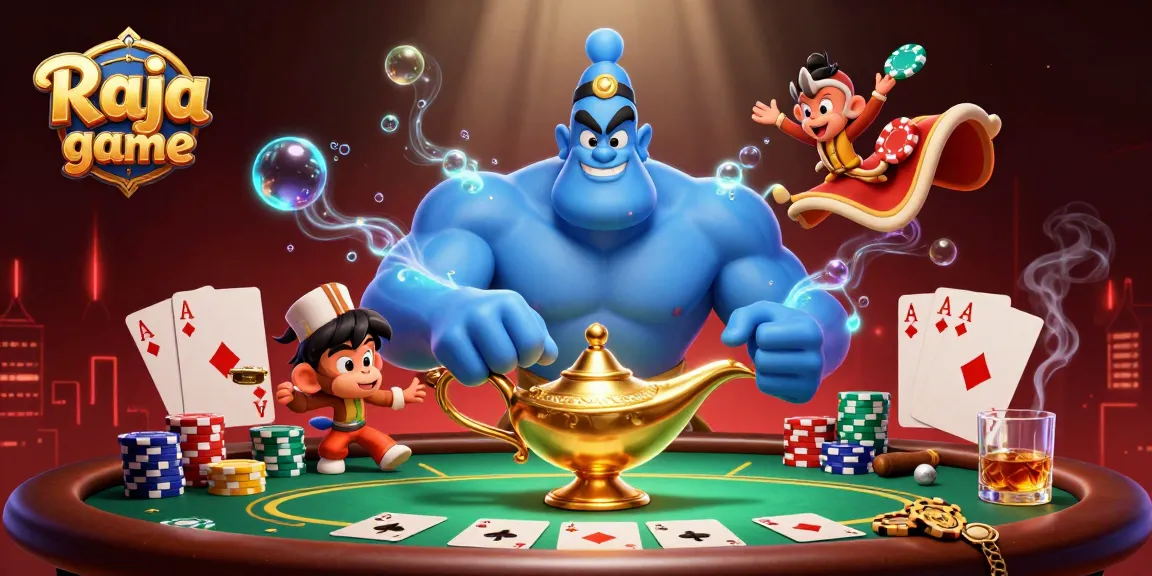 Engage in thrilling Raja game strategies with a genie, monkey, and poker elements illustrated