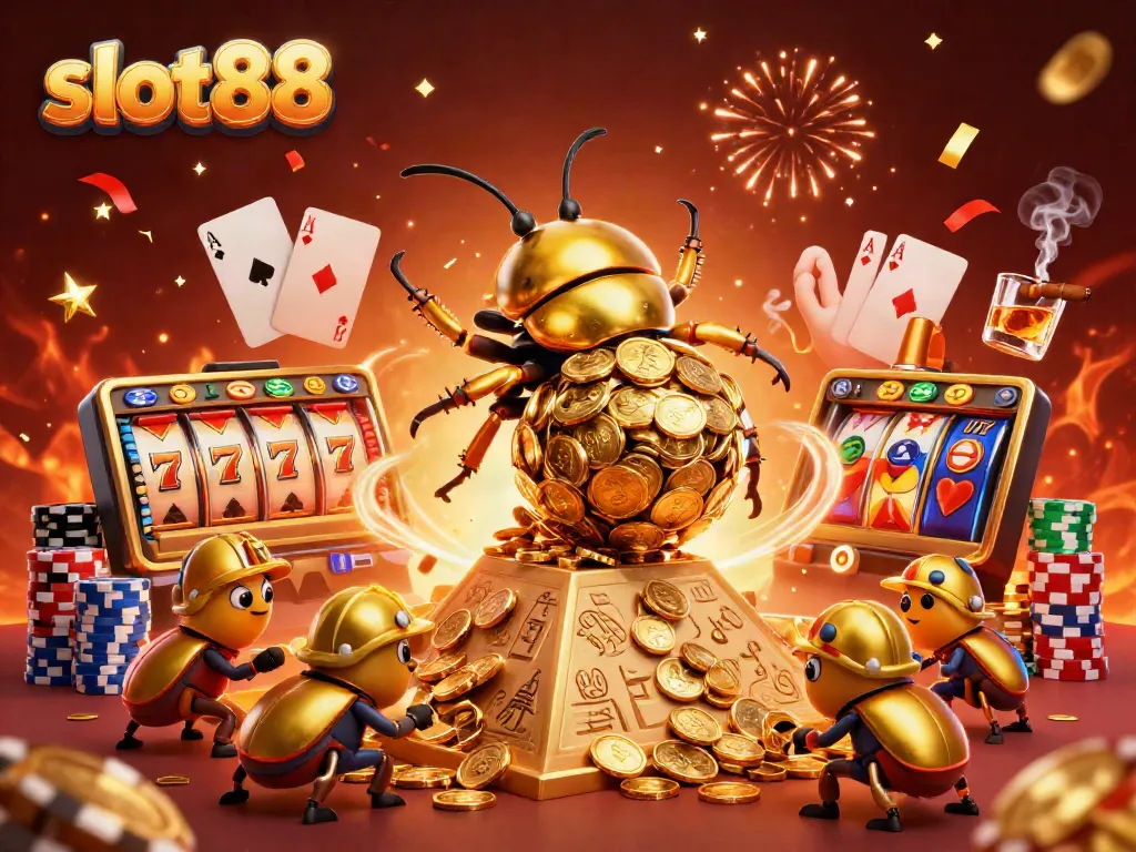Experience thrilling action with slot88 as golden beetles roll coins up a pyramid in a vibrant casino.