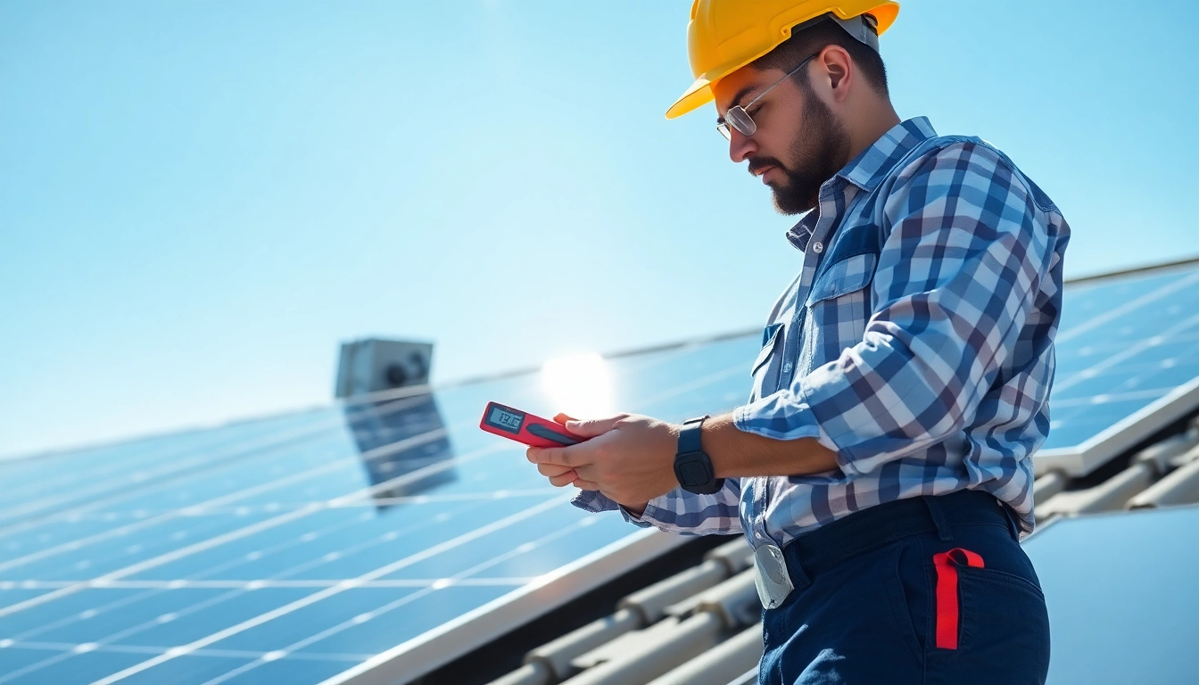 Skilled technician performing solar system repair on roof-mounted solar panels.