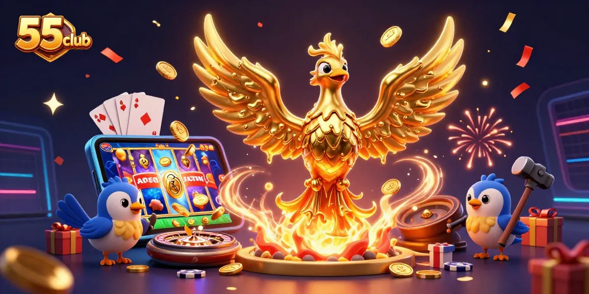 Experience thrilling slots at 55club featuring a molten gold phoenix and exciting game elements.