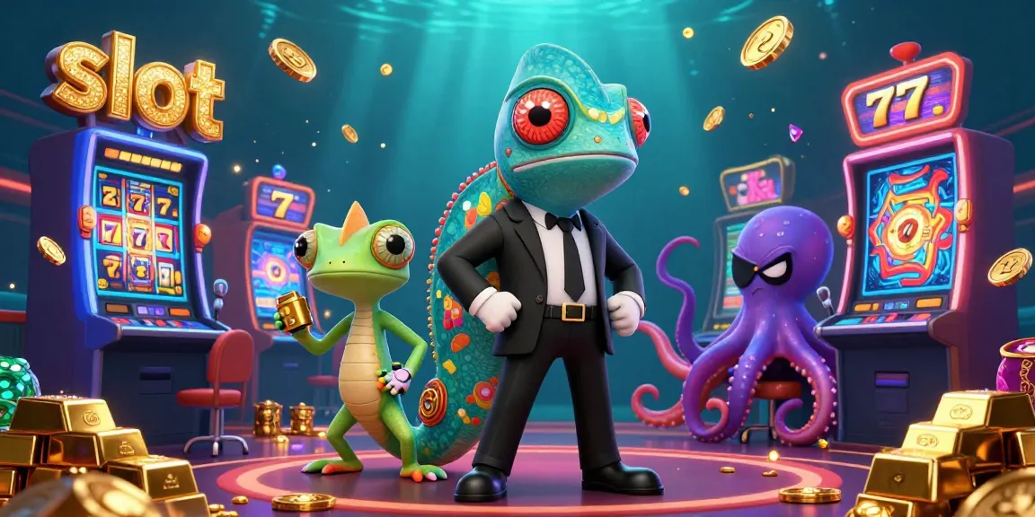 Experience thrilling slot gameplay featuring a vibrant chameleon agent and sparkling jackpot machines.